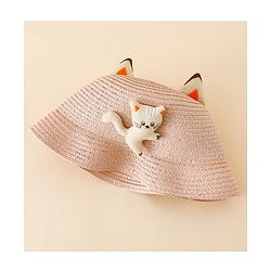 Babyhug Straw Hat With Cat Patch & Ear Applique Pink - Diameter 16 cm