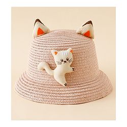 Babyhug Straw Hat With Cat Patch & Ear Applique Pink - Diameter 16 cm