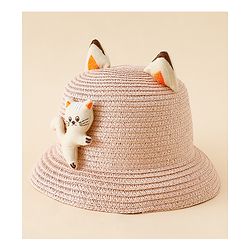 Babyhug Straw Hat With Cat Patch & Ear Applique Pink - Diameter 16 cm
