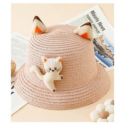 Babyhug Straw Hat With Cat Patch & Ear Applique Pink - Diameter 16 cm