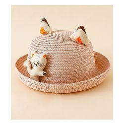 Babyhug Straw Hat With Cat Patch & Ear Applique Pink - Diameter 16 cm
