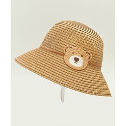 Babyhug Straw Hat With Teddy Bear Applique Beige - Diameter 16 cm