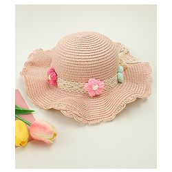 Babyhug Straw Hat With Floral Applique Cream - Diameter 16 cm