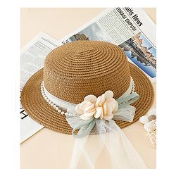 Babyhug Straw Hat With Floral Applique Brown - Diameter 17 cm