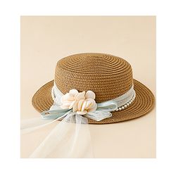 Babyhug Straw Hat With Floral Applique Brown - Diameter 17 cm