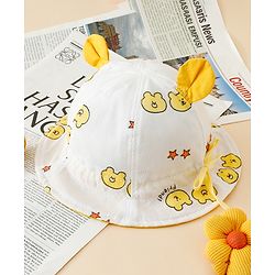 Babyhug Bucket Hat with Bear Print & Ear Applique Yellow - Diameter 16 cm