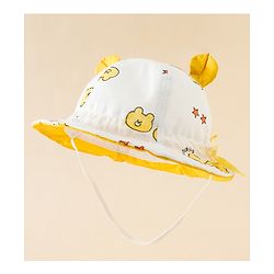 Babyhug Bucket Hat with Bear Print & Ear Applique Yellow - Diameter 16 cm