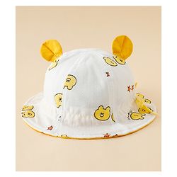 Babyhug Bucket Hat with Bear Print & Ear Applique Yellow - Diameter 16 cm