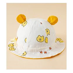 Babyhug Bucket Hat with Bear Print & Ear Applique Yellow - Diameter 16 cm