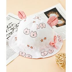 Babyhug Bucket Hat with Bear Print & Ear Applique Pink - Diameter 16 cm