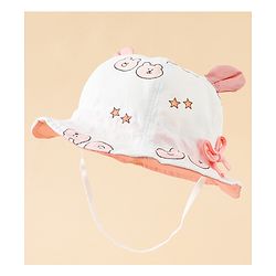 Babyhug Bucket Hat with Bear Print & Ear Applique Pink - Diameter 16 cm