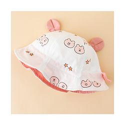 Babyhug Bucket Hat with Bear Print & Ear Applique Pink - Diameter 16 cm