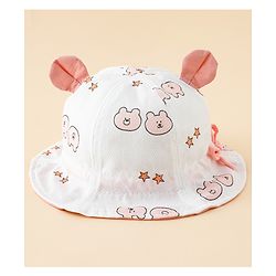 Babyhug Bucket Hat with Bear Print & Ear Applique Pink - Diameter 16 cm