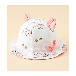 Babyhug Bucket Hat with Bear Print & Ear Applique Pink - Diameter 16 cm