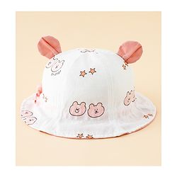 Babyhug Bucket Hat with Bear Print & Ear Applique Pink - Diameter 16 cm