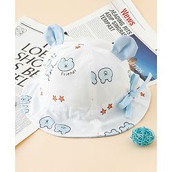 Babyhug Bucket Hat with Bear Print & Ear Applique Yellow - Diameter 16 cm