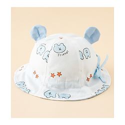 Babyhug Bucket Hat with Bear Print & Ear Applique Yellow - Diameter 16 cm