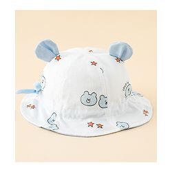 Babyhug Bucket Hat with Bear Print & Ear Applique Yellow - Diameter 16 cm
