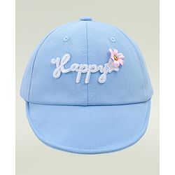 Babyhug Cotton Baseball Cap With Floral Applique Light Blue - Diameter 17 cm