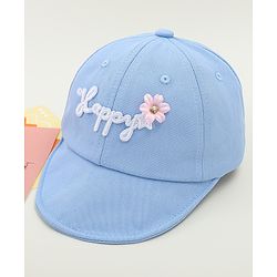 Babyhug Cotton Baseball Cap With Floral Applique Light Blue - Diameter 17 cm