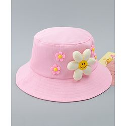 Babyhug Cotton Bucket Hat With Floral Applique Pink - Diameter 17 cm