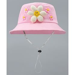 Babyhug Cotton Bucket Hat With Floral Applique Pink - Diameter 17 cm