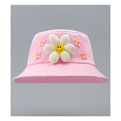 Babyhug Cotton Bucket Hat With Floral Applique Pink - Diameter 17 cm