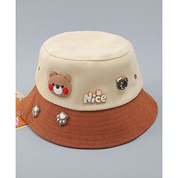 Babyhug 100% Cotton Bucket Hat With Teddy Bear Applique Brown - Diameter 16 cm