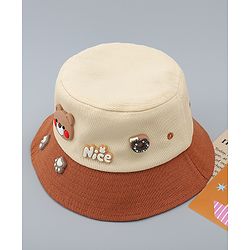 Babyhug 100% Cotton Bucket Hat With Teddy Bear Applique Brown - Diameter 16 cm