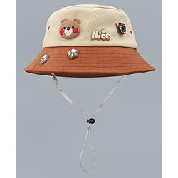 Babyhug 100% Cotton Bucket Hat With Teddy Bear Applique Brown - Diameter 16 cm