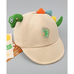 Babyhug Cotton Baseball Cap With Dino Applique Beige - Diameter 17 cm