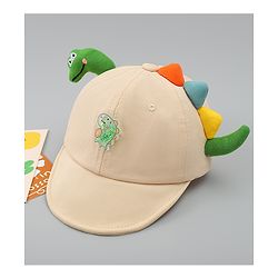 Babyhug Cotton Baseball Cap With Dino Applique Beige - Diameter 17 cm
