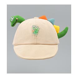 Babyhug Cotton Baseball Cap With Dino Applique Beige - Diameter 17 cm