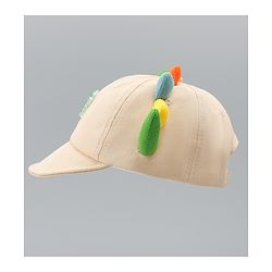 Babyhug Cotton Baseball Cap With Dino Applique Beige - Diameter 17 cm
