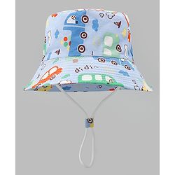 Babyhug 100% Cotton Bucket Hat with Vehicle Print Light Blue - Diameter 16 cm