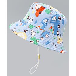 Babyhug 100% Cotton Bucket Hat with Vehicle Print Light Blue - Diameter 16 cm