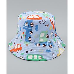 Babyhug 100% Cotton Bucket Hat with Vehicle Print Light Blue - Diameter 16 cm