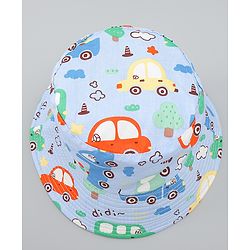 Babyhug 100% Cotton Bucket Hat with Vehicle Print Light Blue - Diameter 16 cm