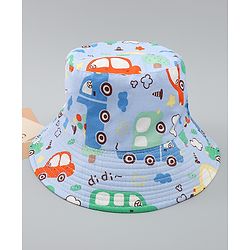 Babyhug 100% Cotton Bucket Hat with Vehicle Print Light Blue - Diameter 16 cm