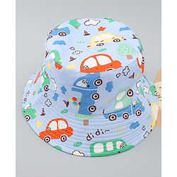 Babyhug 100% Cotton Bucket Hat with Vehicle Print Light Blue - Diameter 16 cm