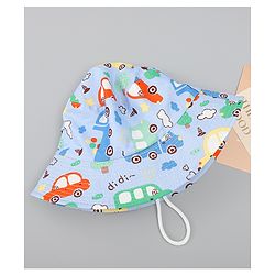 Babyhug 100% Cotton Bucket Hat with Vehicle Print Light Blue - Diameter 16 cm