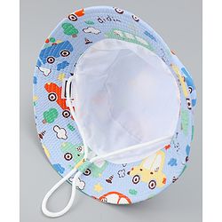 Babyhug 100% Cotton Bucket Hat with Vehicle Print Light Blue - Diameter 16 cm