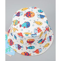 Babyhug Bucket Hat with Sea Life Print White - Diameter 16 cm