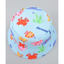 Babyhug Bucket Hat with Sea Life Print Light Blue - Diameter 17 cm