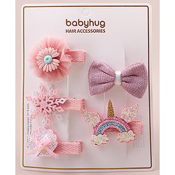 Babyhug Bow & Butterfly Clips With Floral Apptique Free Size Pack of 5 - Multicolor