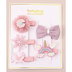 Babyhug Bow & Butterfly Clips With Floral Apptique Free Size Pack of 5 - Multicolor