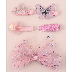 Babyhug Bow & Butterfly Clips With Floral And Butterfly Apptique  Free Size Pack of 5 - Pink