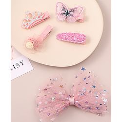 Babyhug Bow & Butterfly Clips With Floral And Butterfly Apptique  Free Size Pack of 5 - Pink