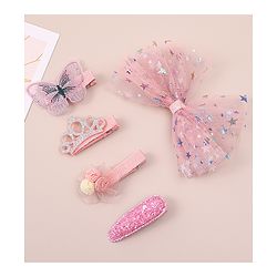 Babyhug Bow & Butterfly Clips With Floral And Butterfly Apptique  Free Size Pack of 5 - Pink