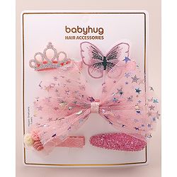 Babyhug Bow & Butterfly Clips With Floral And Butterfly Apptique  Free Size Pack of 5 - Pink
